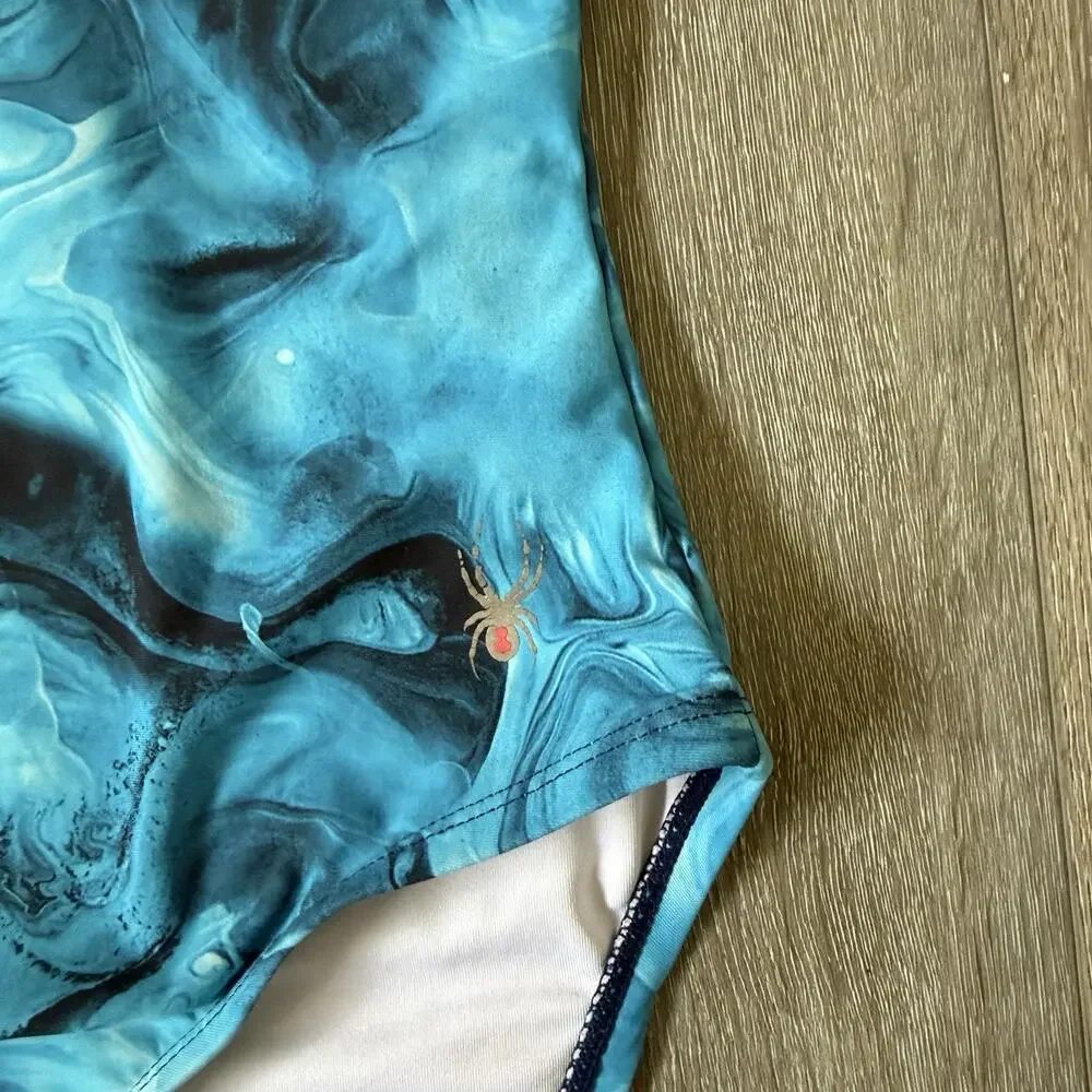 Spyder Blue Marble Water Print High Neck Racerback One Piece Swimsuit Sz S